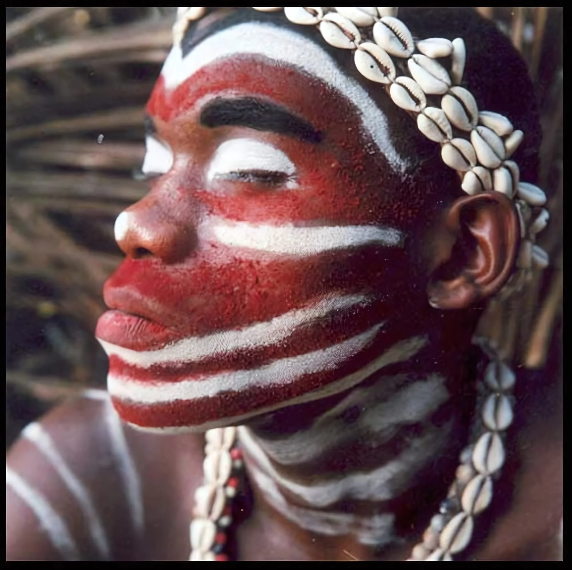 Profil d'un initié au visage peint de rouge et de blanc, paré de cauris, les yeux clos, devant le raphia