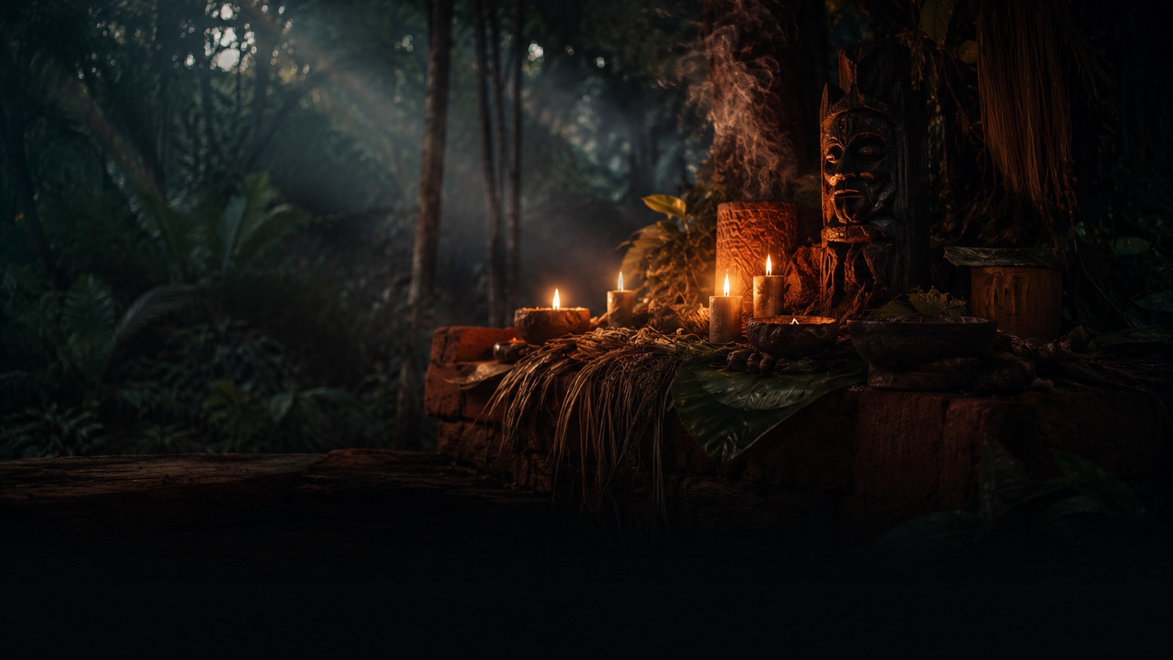 Illustration symbolique — autel de forêt au crépuscule, petites flammes de bougies chaudes sur du bois sombre, fine fumée, ambiance recueillie