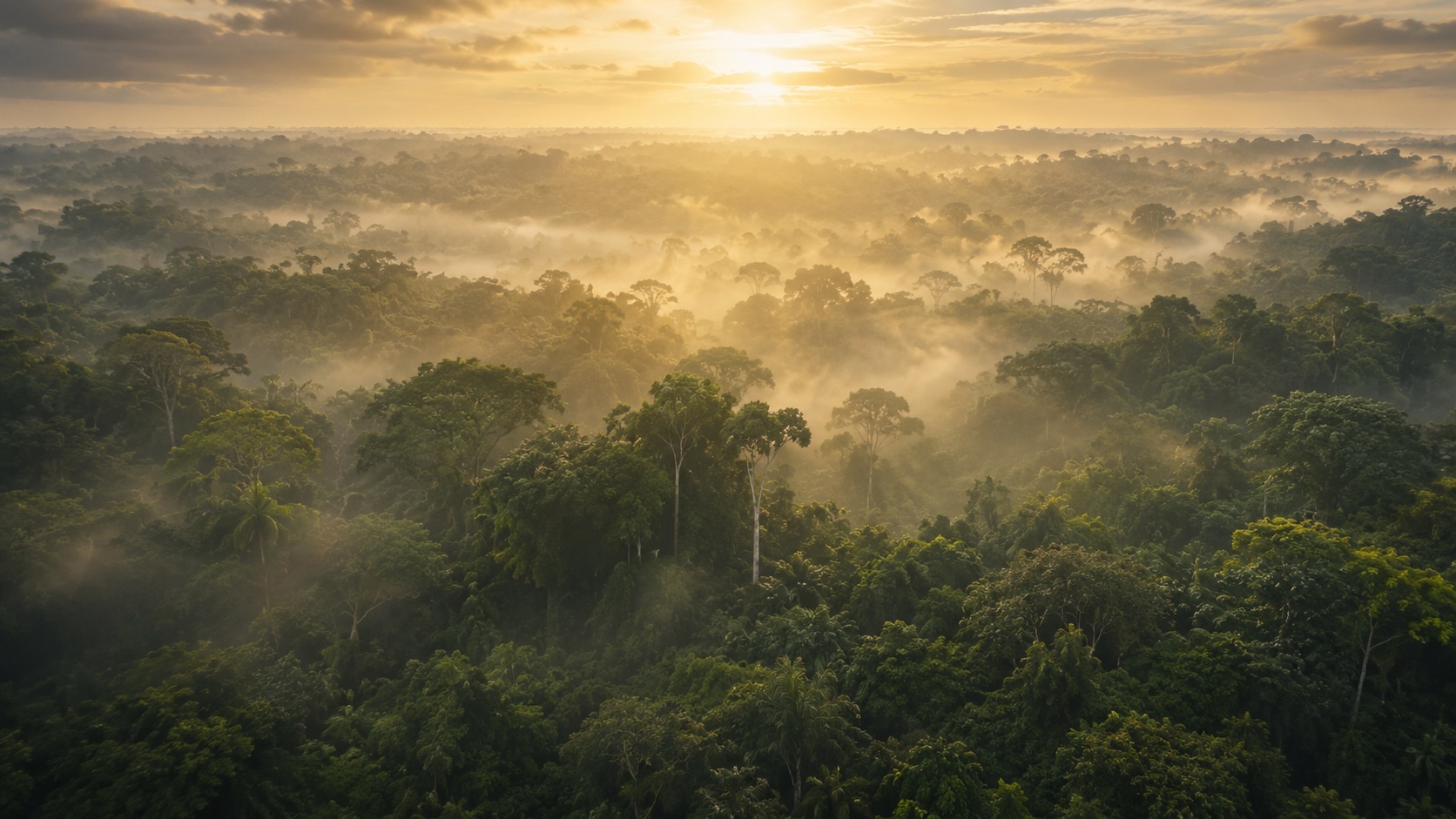 Vue aérienne de la canopée gabonaise baignée de brume au lever du soleil