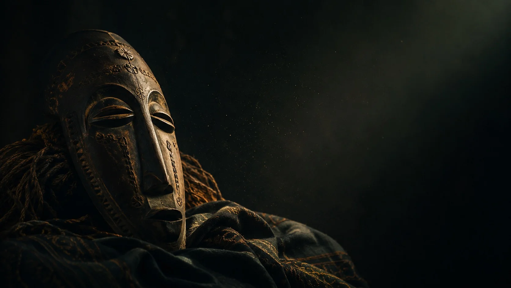 Carved Bwiti mask, a symbolic still life in raking light