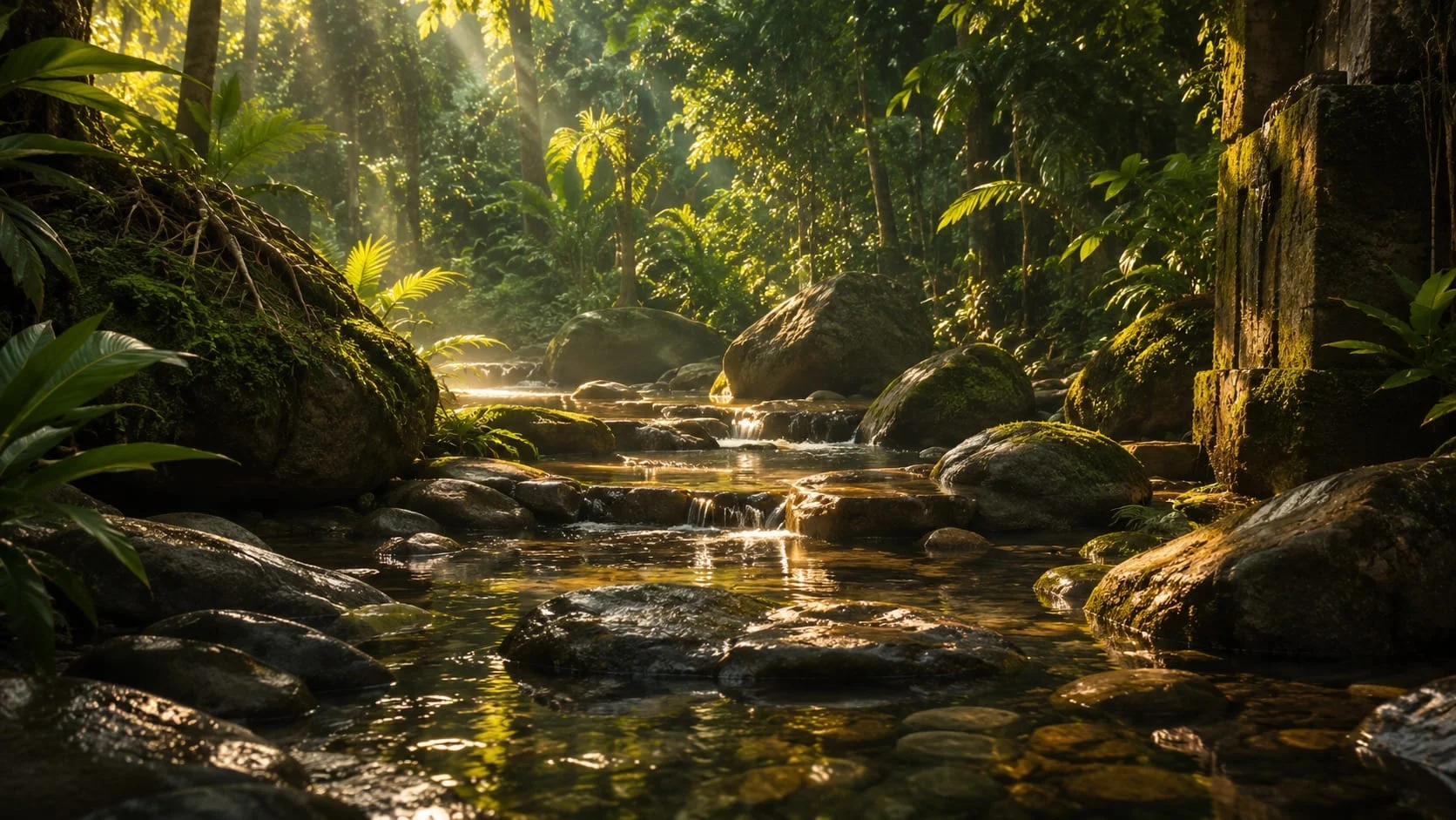 Clear water running over pebbles in the equatorial forest