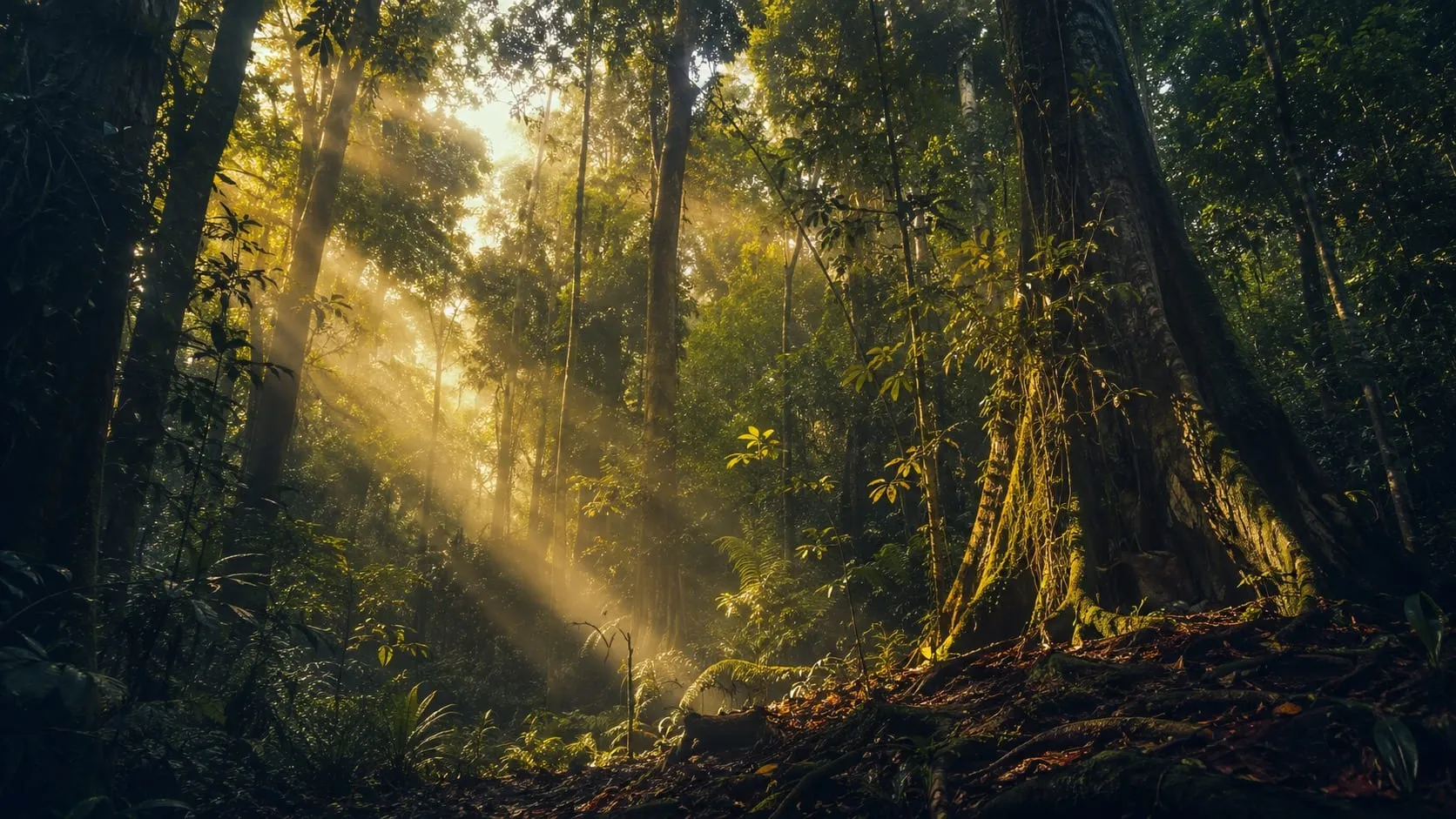 Forêt gabonaise traversée par des rayons de lumière