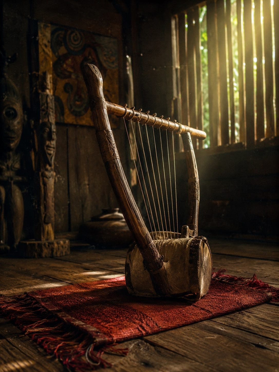 Harpe ngombi et tambour de raphia dans une case — les savoir-faire et les projets portés par Ebando
