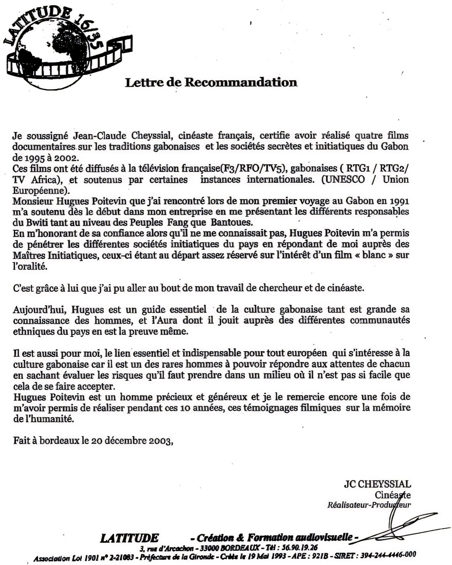 Fac-similé de la lettre de recommandation de Jean-Claude Cheyssial, datée du 20 décembre 2003 à Bordeaux