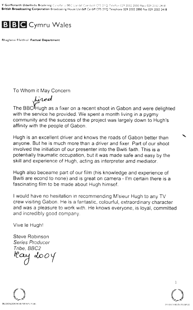 Fac-similé de la lettre de recommandation de la BBC (Tribe, BBC Two), mai 2004