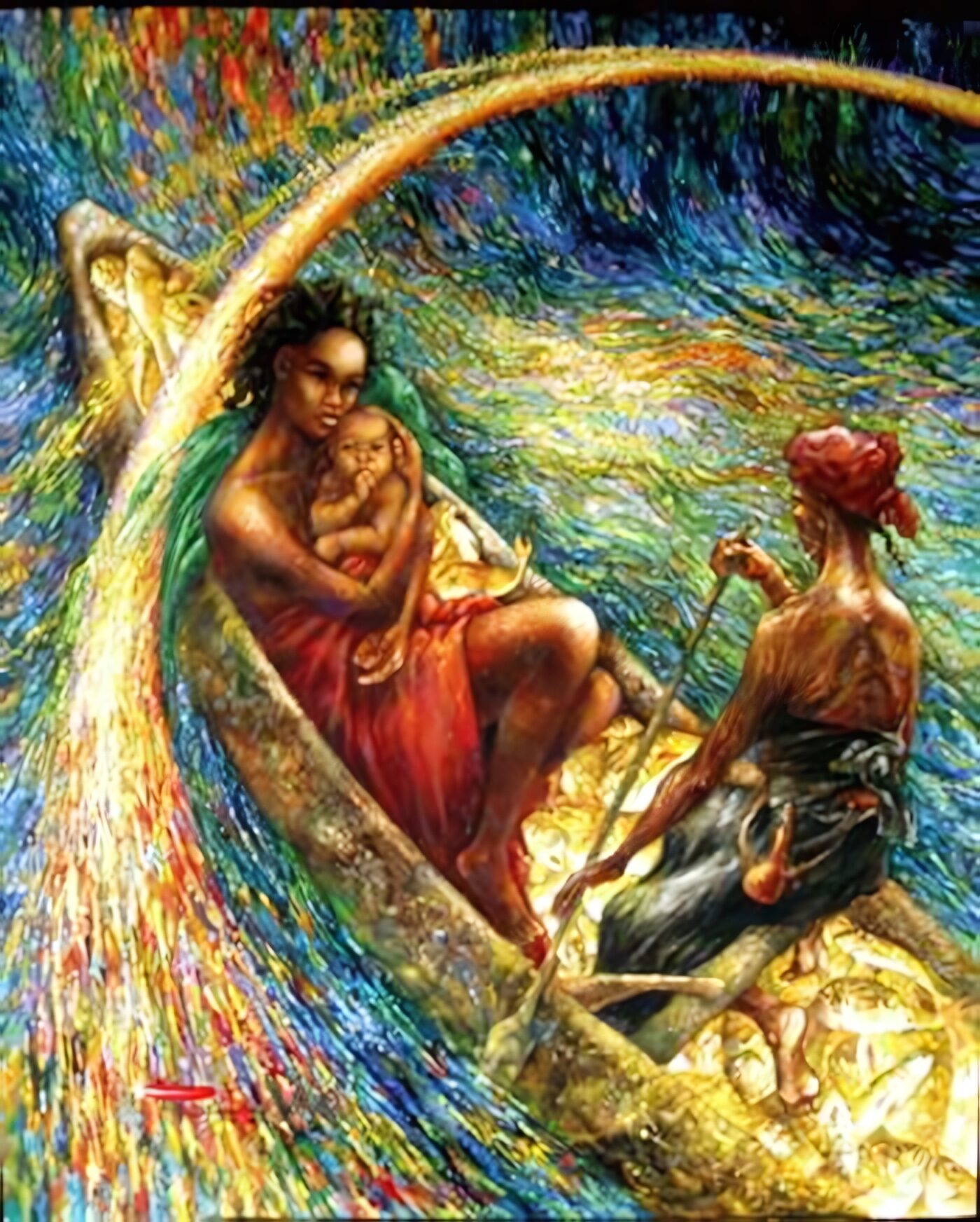 Œuvre peinte évoquant la culture du fleuve et de la forêt gabonaise — la mémoire visuelle des traditions que la forge prolonge