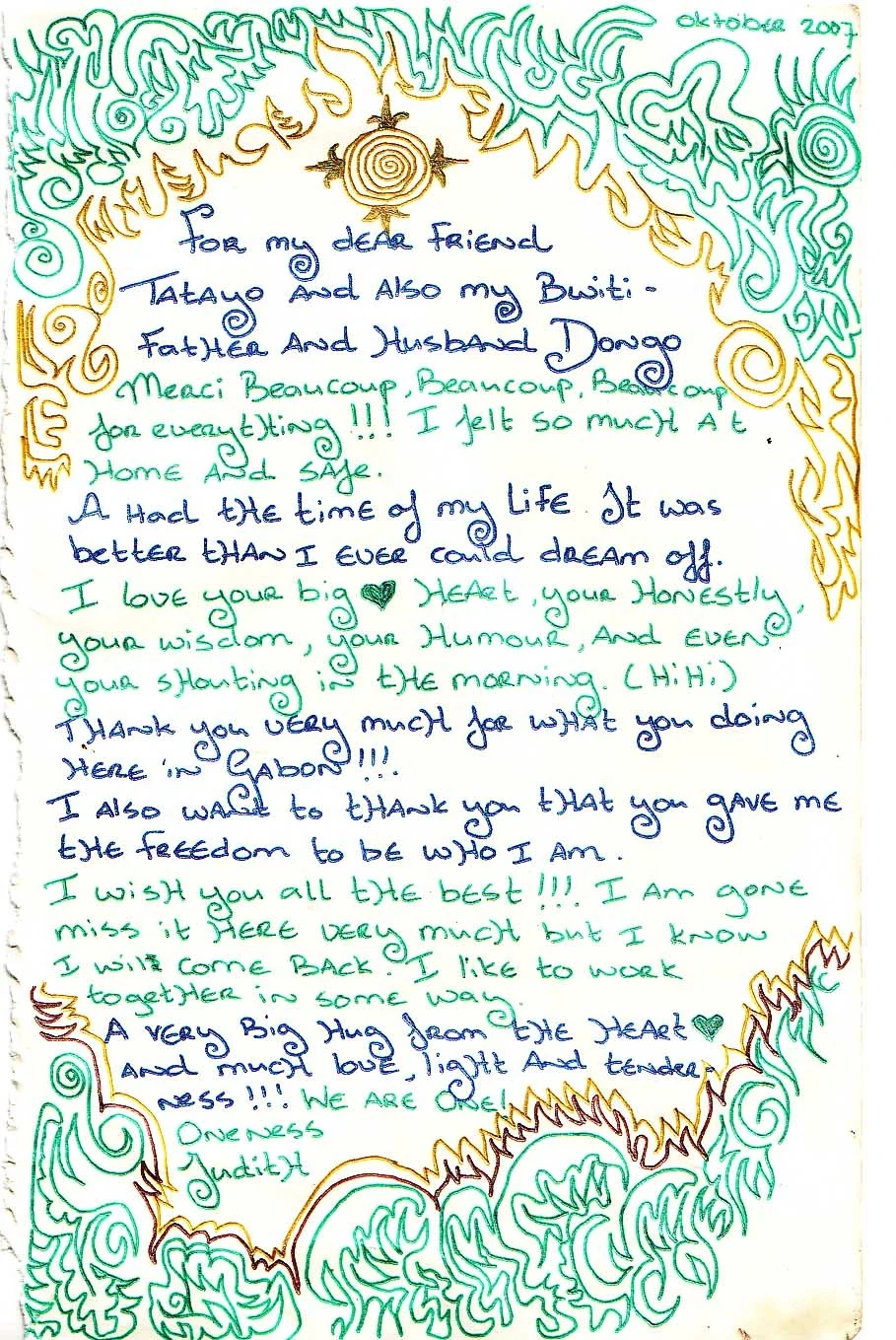 Lettre manuscrite et colorée de Judith adressée à Tatayo, octobre 2007