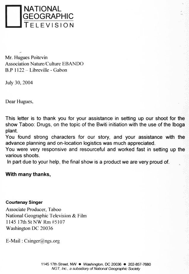 Fac-similé de la lettre de remerciement de National Geographic Television, juillet 2004