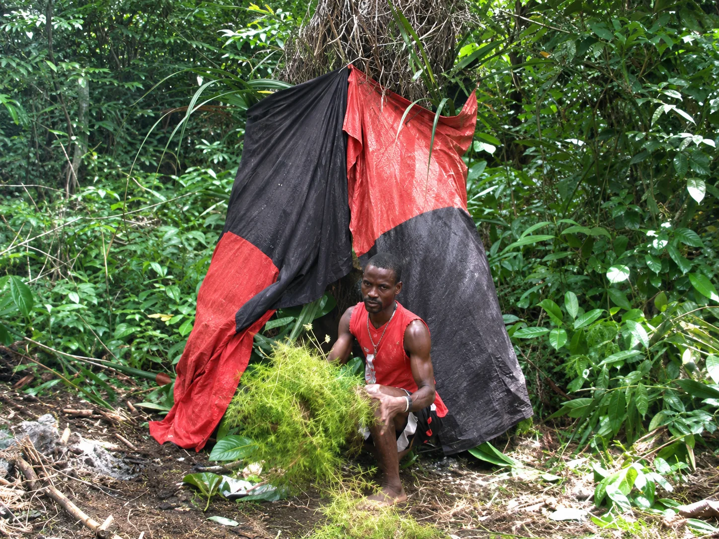 A practitioner seated before a red-and-black ritual shelter, deep in the forest — tradition passed on day to day