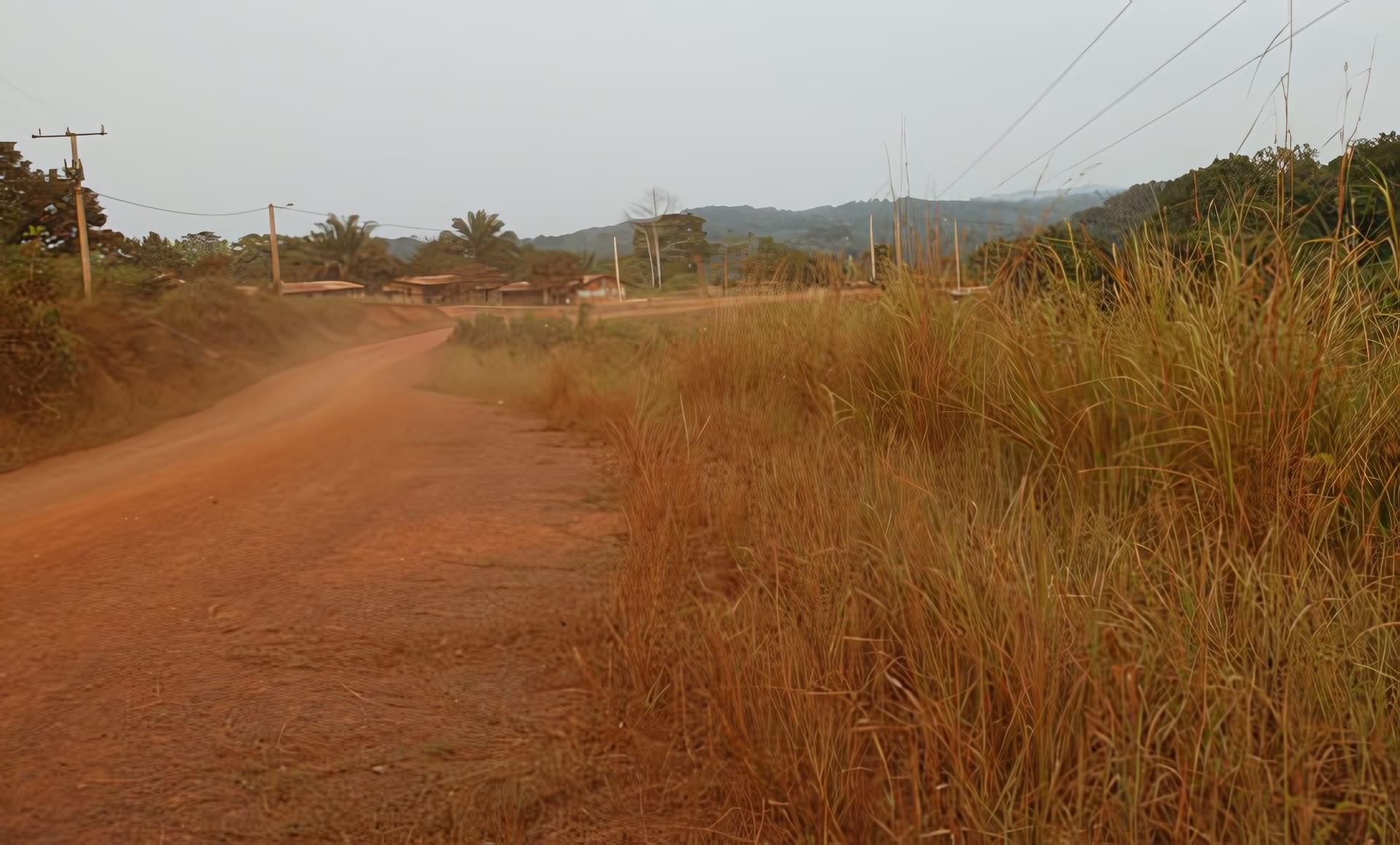 Piste de latérite menant à un village gabonais, évoquant l'itinéraire que sillonne la caravane d'information d'Ebando