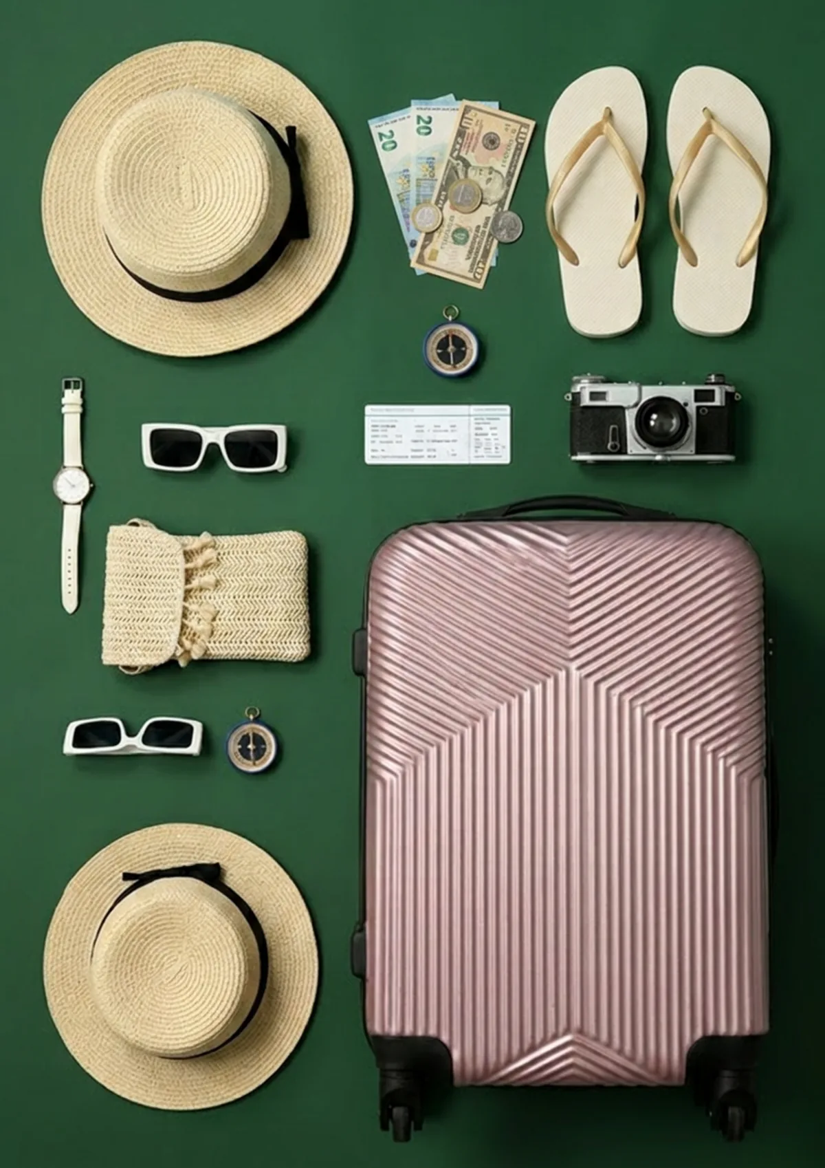Mise à plat des préparatifs de voyage : chapeau, argent, appareil photo, valise — ce qu'il faut apporter