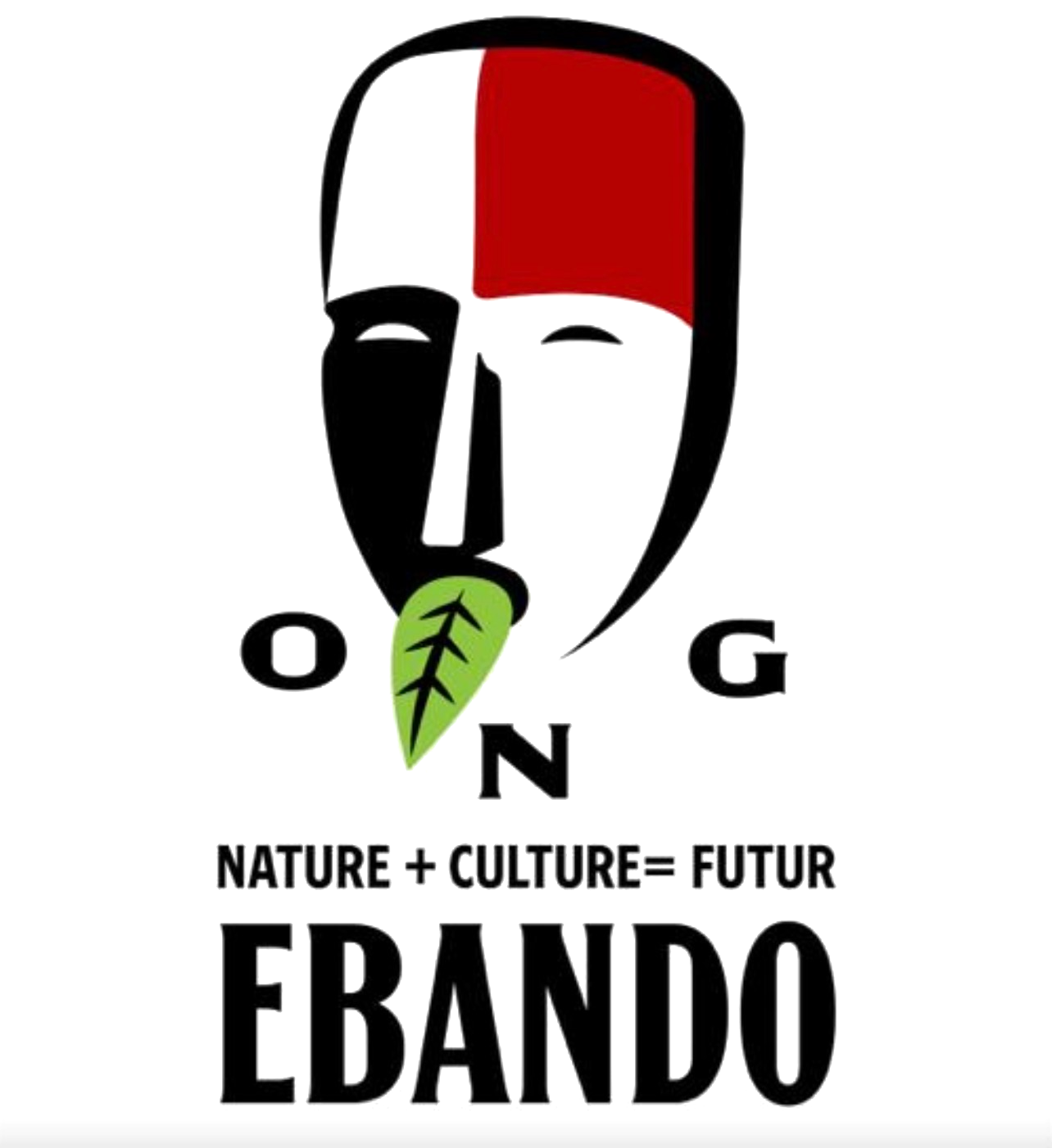 Ebando NGO logo: traditional mask, Iboga leaf, « Nature + Culture = Future ».