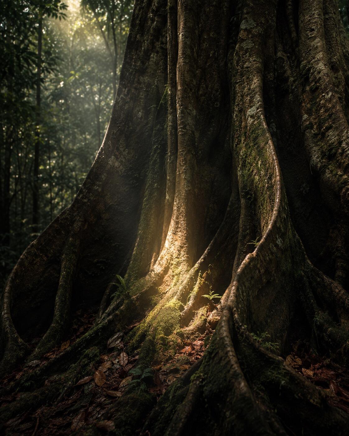 Illustration symbolique — racines contreforts d'un arbre ancien de la forêt, écorce texturée, un rai de lumière à leur base, évocation de l'ancrage et de la lignée