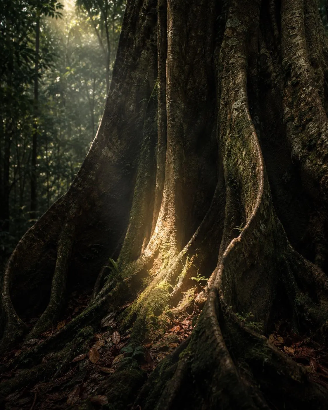 Symbolic illustration — massive buttress roots of an ancient forest tree, textured bark, a soft shaft of light at their base, evoking grounding and lineage